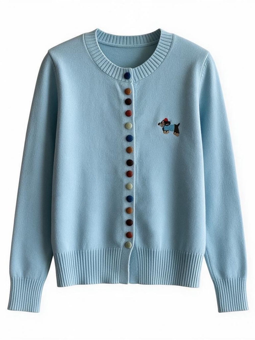Light Blue Embroidered Crewneck Cardigan Sweater with cute colorful buttons Y2K